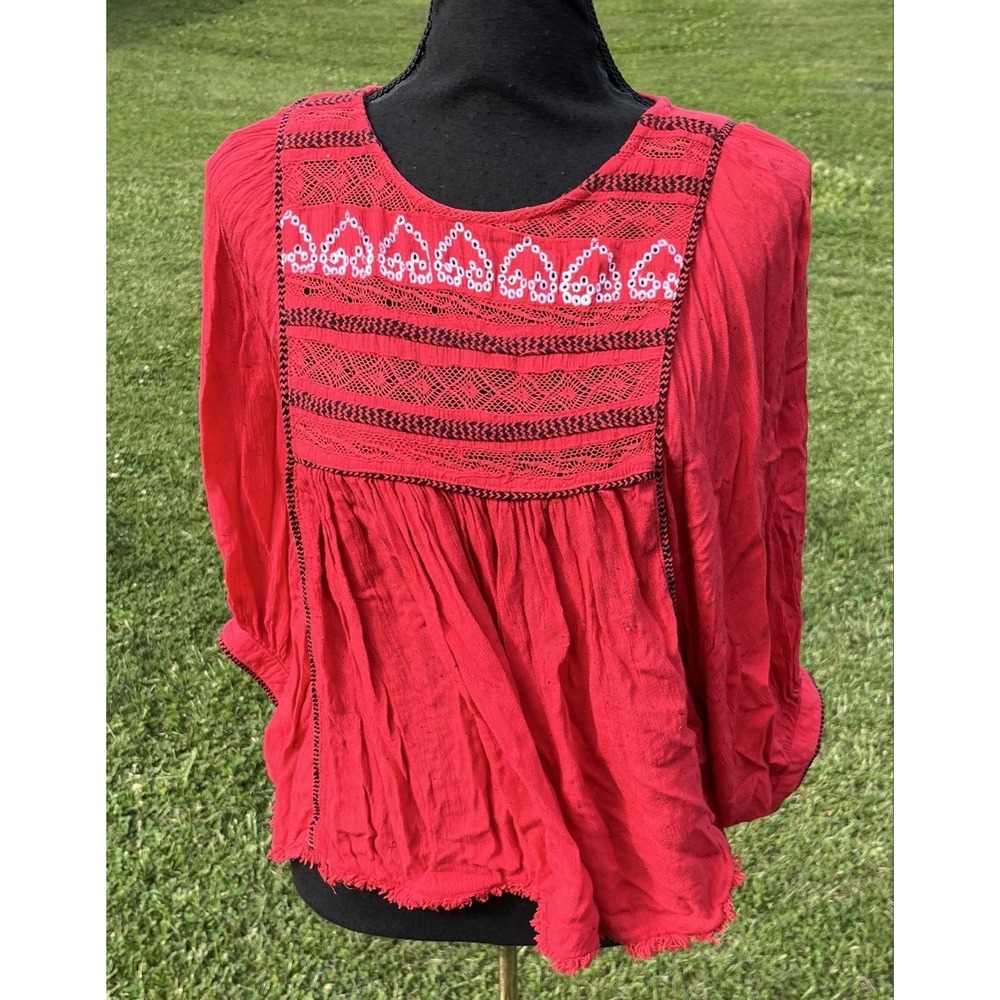 Free People Tunic Top‎ Womens Medium Red Embroidered Lace Boho Peasant Blouse